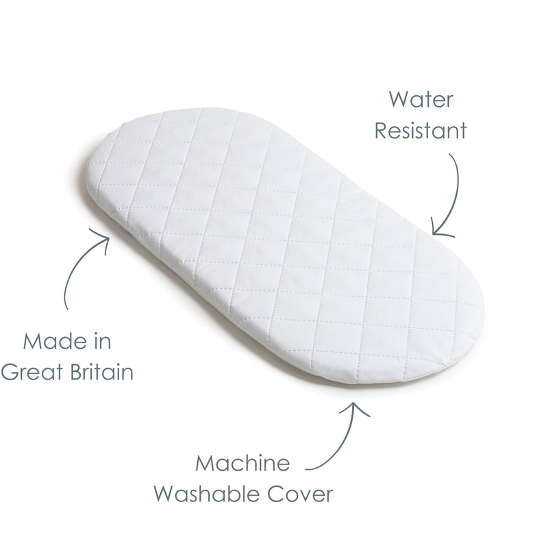 Quilted Noah Pod/ Palm Moses Basket Mattress (74 x 28 cm) showing the key features of water resistance, machine washable cover and made in great britain | Moses Basket Accessories | Nursery Furniture - Clair de Lune UK