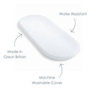 Diagram of the Hypoallergenic Wicker Moses Basket Mattress showing the water resistant and machine washable cover, made in the UK | Moses Basket Mattresses | Moses Baby Basket Accessories | Nursery Bedding - Clair de Lune UK