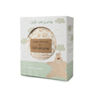 Leopard Star Fleece Baby Wrap Blanket in its retail packaging, featuring a 0-6 months star fleece baby wrap blanket with a beige star pattern and a brown patch reading 'Made with love by Clair de Lune'.   | Cosy Baby Blankets | Pram Blanket - Clair de Lune UK 