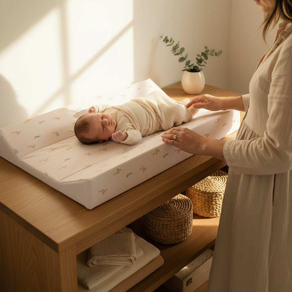 Mum tending to her baby on the Duckling Anti-Roll Wedge Baby Changing Mat with large oak changing unit by a bright window | Baby Bath Time Essentials - Clair de Lune UK
