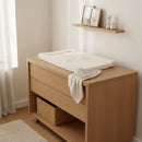 East Coast Little and Loved Changing Mat on an Oak dresser in white minimalist Scandi nursery | Bathing & Changing Essentials - Clair de Lune UK
