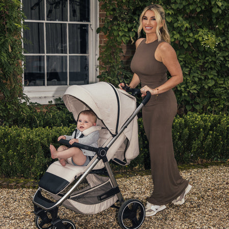 Billie Faiers pushing her Nude Oatmeal My Babiie MB160 Billie Faiers Compact Fold Pushchair | Strollers | Pushchairs, Carrycots & Car Seats Baby | Travel Essentials - Clair de Lune UK