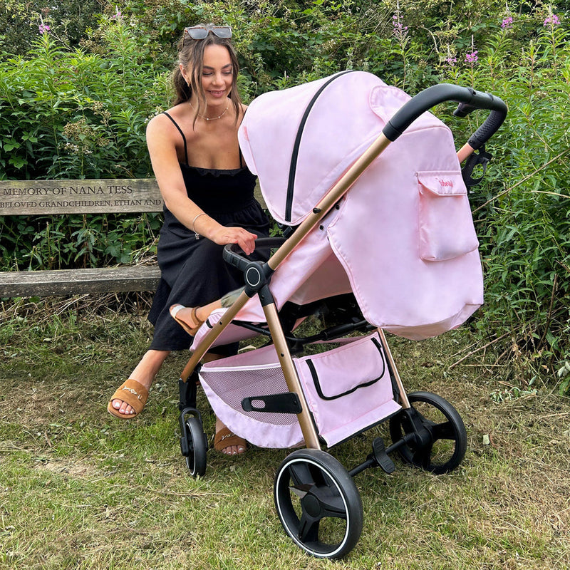 Mom next her baby in My Babiie MB160 Dani Dyer Pink Plaid Pushchair | Buggies, Strollers & Pushchairs | Travel With Your Baby - Clair de Lune UK