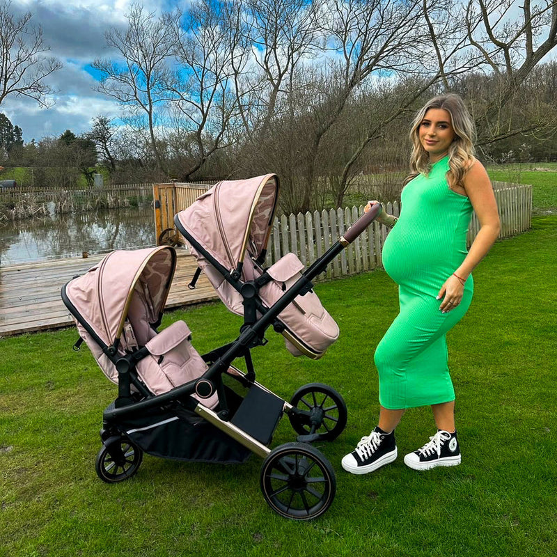 Dani Dyer with her babies in My Babiie MB33 Dani Dyer Giraffe Tandem Pushchair | Buggies, Strollers & Pushchairs | Travel With Your Baby - Clair de Lune UK