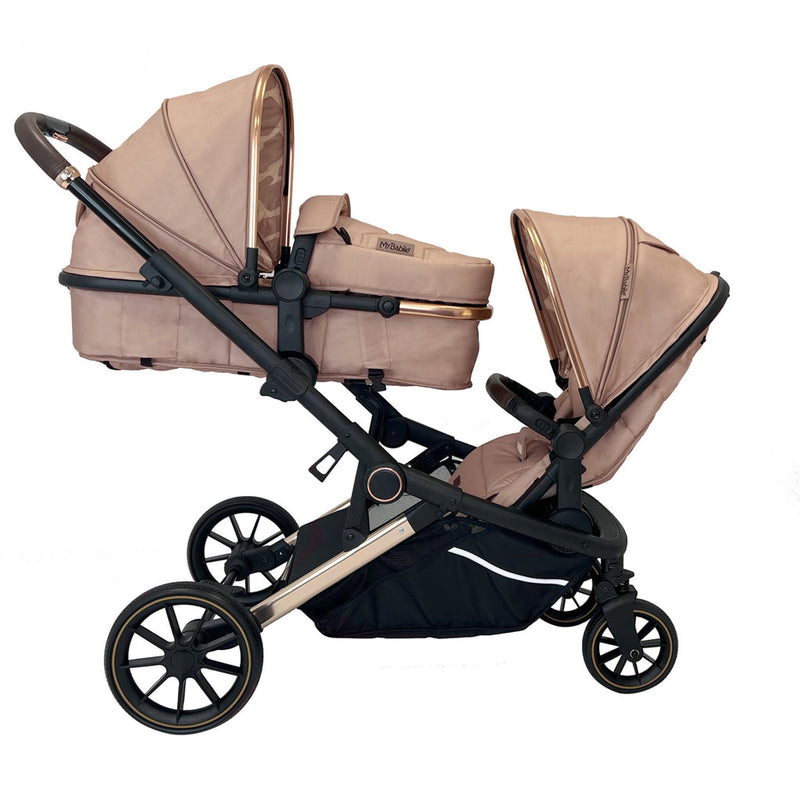  My Babiie MB33 Dani Dyer Giraffe Tandem Pushchair with a pushchair seat and a carrycot facing against each other | Buggies, Strollers & Pushchairs | Travel With Your Baby - Clair de Lune UK