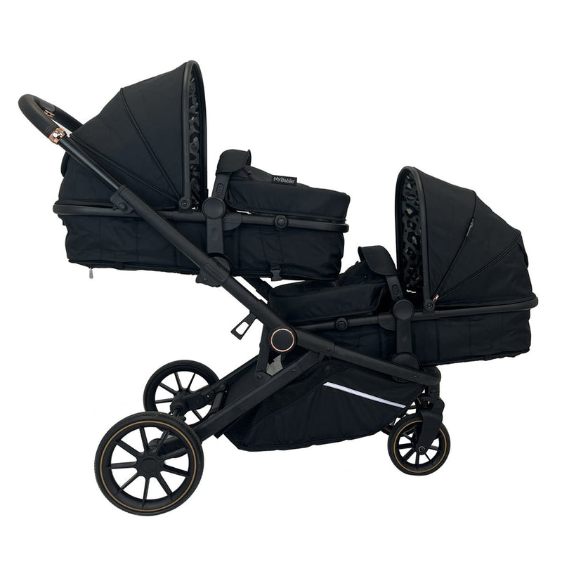 My Babiie MB33 Dani Dyer Black Leopard Tandem Pushchair with a baby carrycot and a pushchair seat facing against each other | Buggies, Strollers & Pushchairs | Travel With Your Baby - Clair de Lune UK