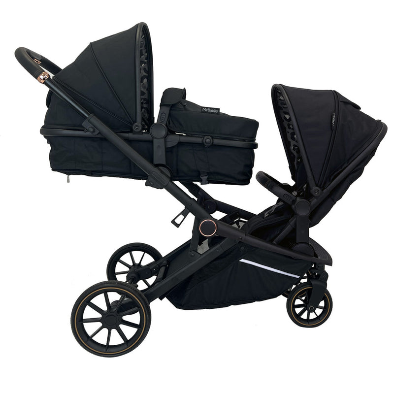 My Babiie MB33 Dani Dyer Black Leopard Tandem Pushchair with a carrycot and a pushchair seat facing against each other | Buggies, Strollers & Pushchairs | Travel With Your Baby - Clair de Lune UK