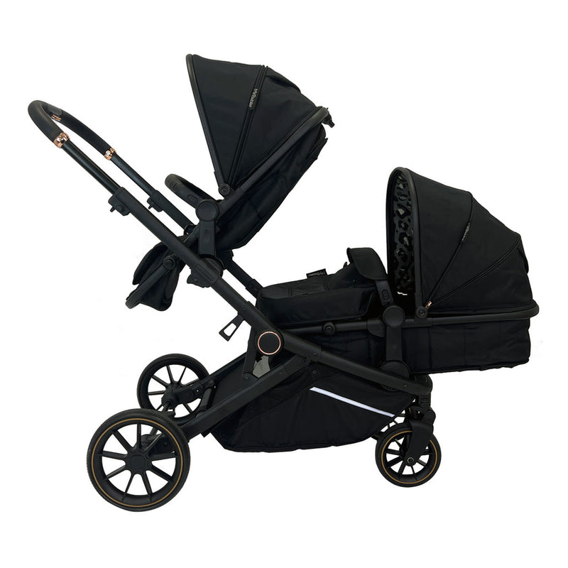  My Babiie MB33 Dani Dyer Black Leopard Tandem Pushchair with a carrycot and a pushchair seat | Buggies, Strollers & Pushchairs | Travel With Your Baby - Clair de Lune UK
