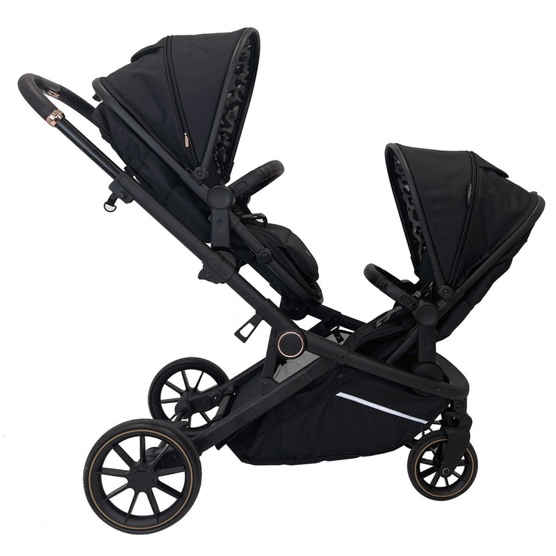 My Babiie MB33 Dani Dyer Black Leopard Tandem Pushchair with the two pushchair seats facing against each other | Buggies, Strollers & Pushchairs | Travel With Your Baby - Clair de Lune UK