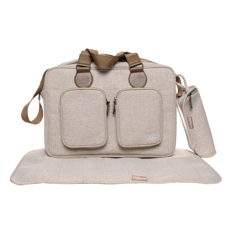 My Babiie Billie Faiers Oatmeal Herringbone Deluxe Changing Bag with a padded changing mat, insulated bottle holder | Stylish Nappy Bags | Travel With Baby - Clair de Lune UK