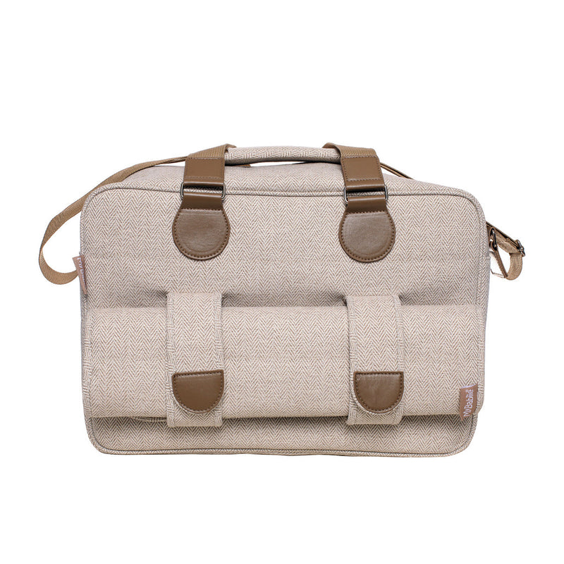 My Babiie Billie Faiers Oatmeal Herringbone Deluxe Changing Bag with a padded changing mat at the back | Stylish Nappy Bags | Travel With Baby - Clair de Lune UK