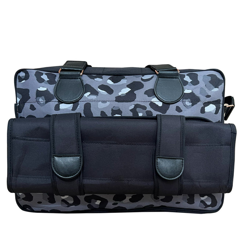 The back side of My Babiie Dani Dyer Black Leopard Deluxe Changing Bag | Stylish Nappy Bags | Travel With Baby - Clair de Lune UK