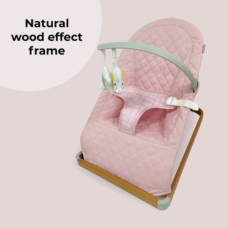 The natural wood frame of the My Babiie Dani Dyer Pink Plaid Baby Bouncer | Baby Swings, Rockers & Baby Bouncers | Toys - Clair de Lune