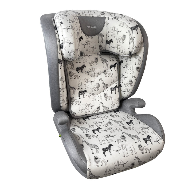 The side of My Babiie Samantha Faiers iSize Safari Car Seat (100-150cm) showing the safari elephant print | Baby, Toddler & Kid Car Seats | Travel With Baby - Clair de Lune UK