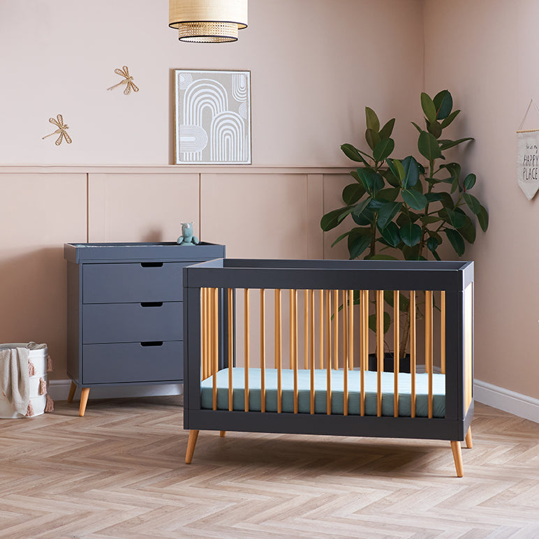  The dresser and cot bed from the Scandi Slate Obaby Maya Mini 3 Piece Room Set | Nursery Furniture Sets | Room Sets | Nursery Furniture - Clair de Lune UK