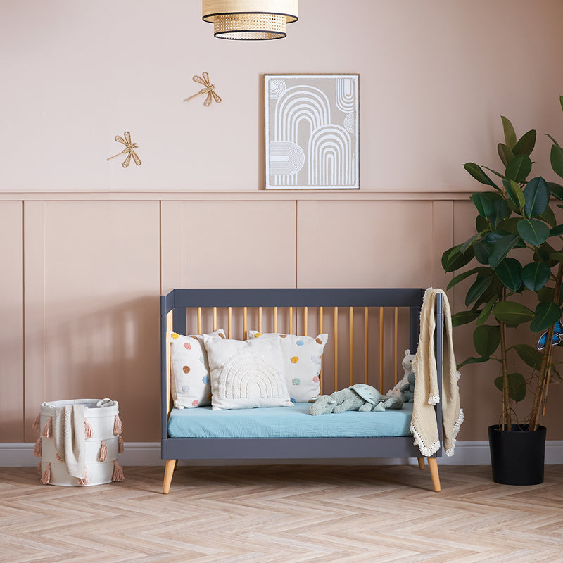  The Obaby Maya Mini cot bed transformed to a toddler bed from the Scandi Slate Obaby Maya Mini 2 Piece Room Set | Nursery Furniture Sets | Room Sets | Nursery Furniture - Clair de Lune UK