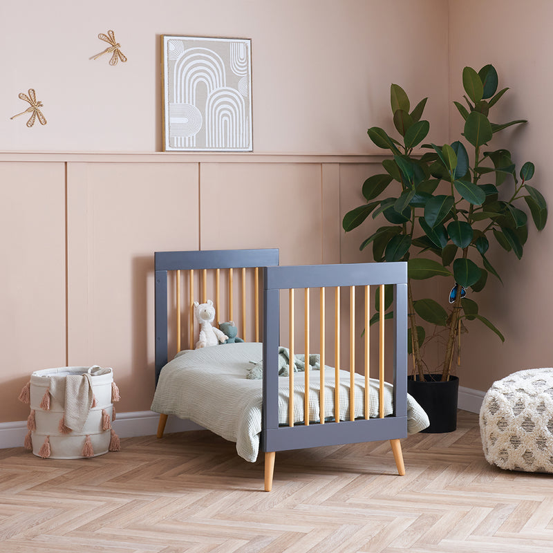 The cot bed of the Scandi Slate Obaby Maya Mini 3 Piece Room Set transformed to a toddler bed without side walls | Nursery Furniture Sets | Room Sets | Nursery Furniture - Clair de Lune UK
