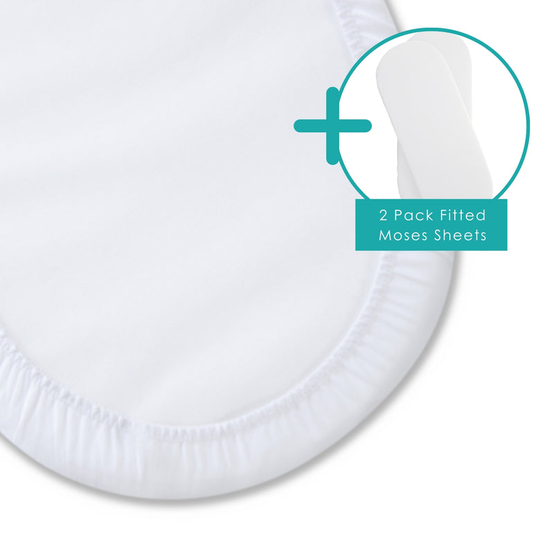 Moses Basket Mattress Protector bundled with 2 pack fitted moses basket sheets in whtie | Soft Baby Sheets | Cot, Cot Bed, Pram, Crib & Moses Basket Bedding - Clair de Lune UK