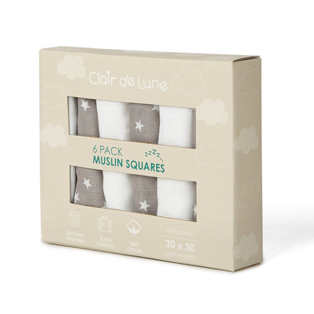 6 Pack Star Muslin Squares - 30 x 30 cm in a gift box | Baby Feeding & Weaning - Clair de Lune UK