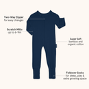 Navy Ribbed Sleepsuit made from bamboo and organic cotton from GrowGrows with key features highlighted - Clair de Lune UK