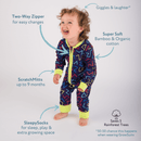 Boy raving wearing the GrowGrows Organic Neon Nightlife Sleepsuit with key features | Baby Grows and Onesies | Organic Baby Clothes - Clair de Lune UK