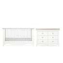 White CuddleCo Clara Luxe 2 Piece Furniture Set - Cot Bed and Changer Dresser on white background | Nursery Furniture - Clair de Lune UK