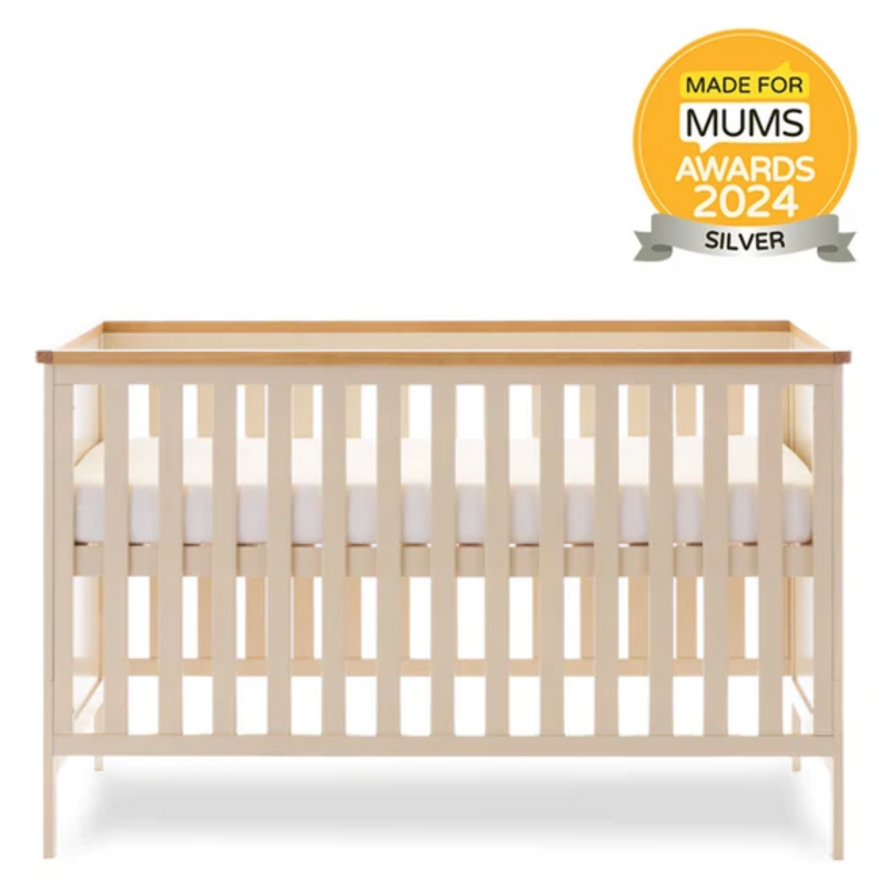 Natural Cashmere Obaby Evie Cot Bed as a crib with M4M Awards Logo | Cots, Cot Beds, Toddler & Kid Beds | Nursery Furniture - Clair de Lune UK