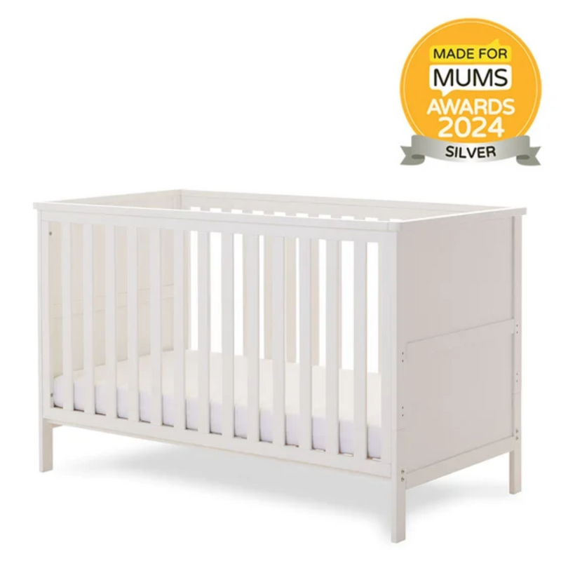 The front of the White Obaby Evie Cot Bed with the M4M award logo | Cots, Cot Beds, Toddler & Kid Beds | Nursery Furniture - Clair de Lune UK