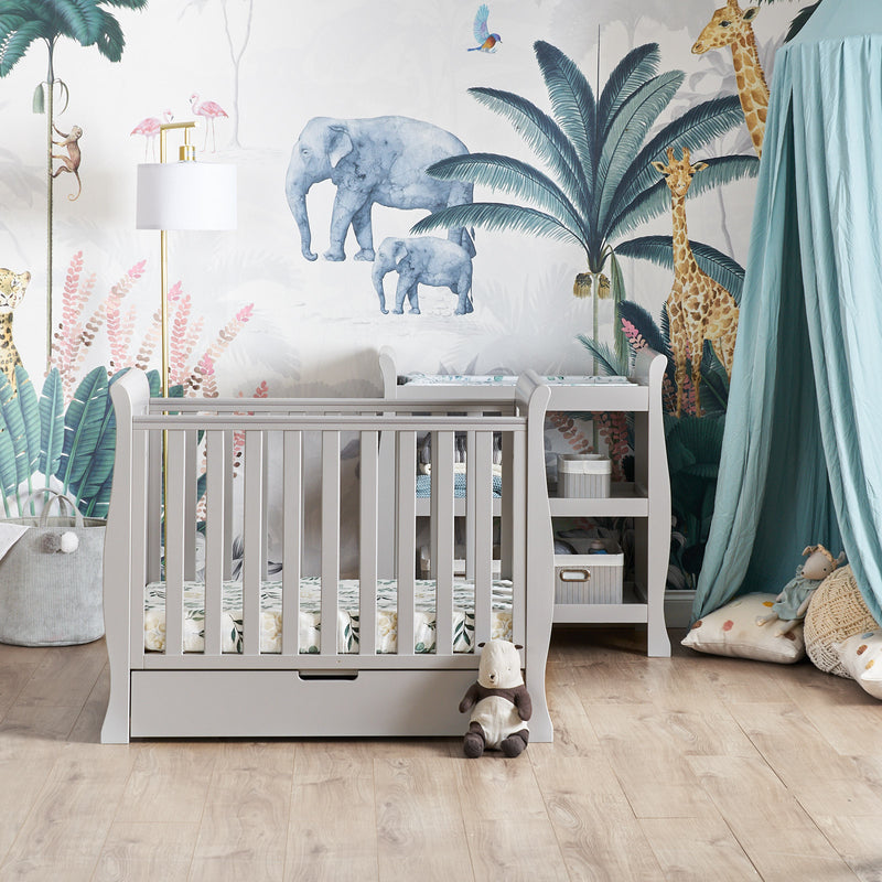 The warm grey Obaby Stamford Space Saver Cot & Changing Unit in a jungle-inspired nursery room | Nursery Furniture Sets | Room Sets | Nursery Furniture - Clair de Lune UK