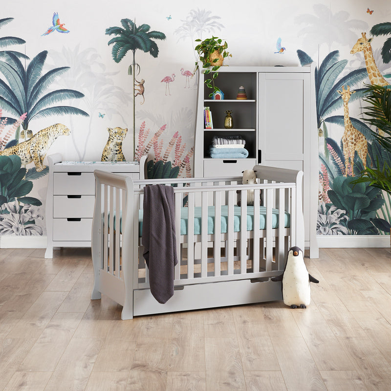 Warm Grey Obaby Stamford Mini 3 Piece Room Set in a jungle safari inspired nursery room with a grey blanket on the cot bed | Nursery Furniture Sets | Room Sets | Nursery Furniture - Clair de Lune UK