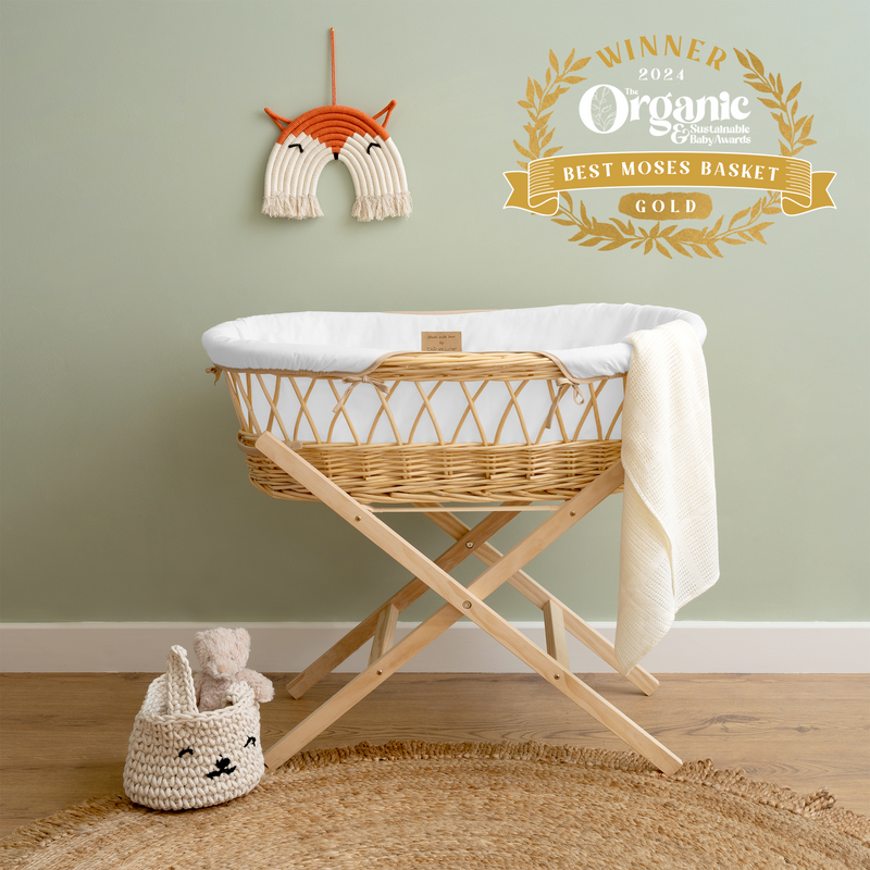 Gold Award Winning White Organic Natural Wicker Moses Basket - Organic & Sustainability Award | Moses Baskets | Co-sleepers | Nursery Furniture - Clair de Lune UK