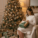 Mum unwrapping the Oganic 2 Pack Fitted Cot Bed Sheets while sat next to a christmas tree | Baby Christmas Gifts | Cot Bed Bedding - Clair de Lune UK