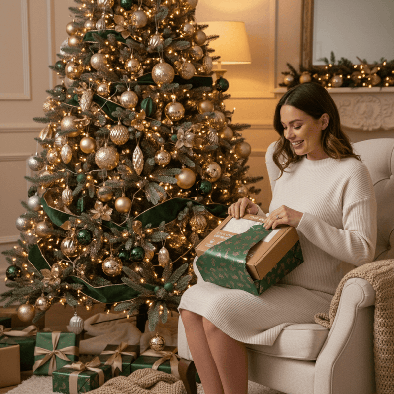 Mum unwrapping the Oganic 2 Pack Fitted Cot Bed Sheets while sat next to a christmas tree | Baby Christmas Gifts | Cot Bed Bedding - Clair de Lune UK