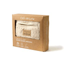 Cream Organic Knitted Moses Basket Dressing in brown box packaging with key USPs | Moses Baby Basket Bedding | Nursery Linen - Clair de Lune UK