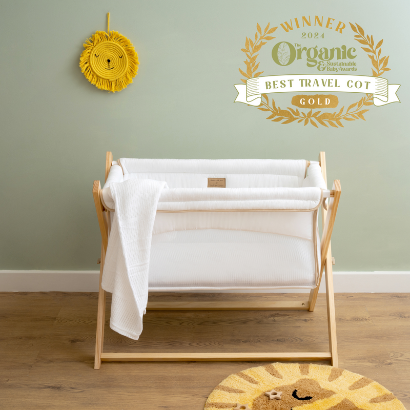 Gold Award Winning White Organic Folding Crib - Organic & Sustainability Award Best Travel Cot | Bedside & Folding Cribs | Next To Me Cots & Newborn Baby Beds | Co-sleepers - Clair de Lune UK