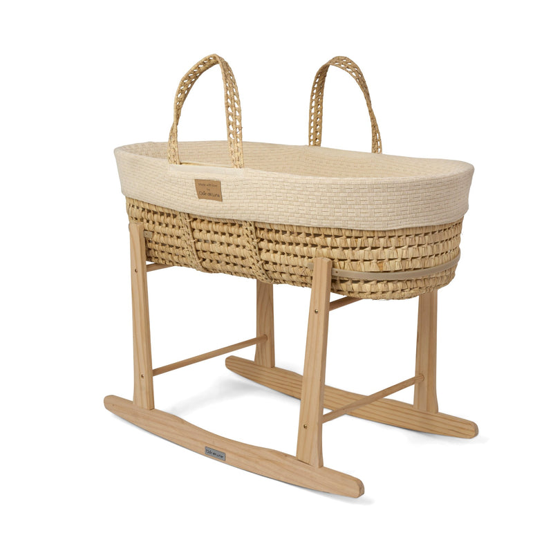 Cream Organic Knitted Palm Moses Basket on natural rocking stand bundle | Moses Baby Baskets, Bassinets | Organic Baby Essentials | Nursery Furniture - Clair de Lune UK