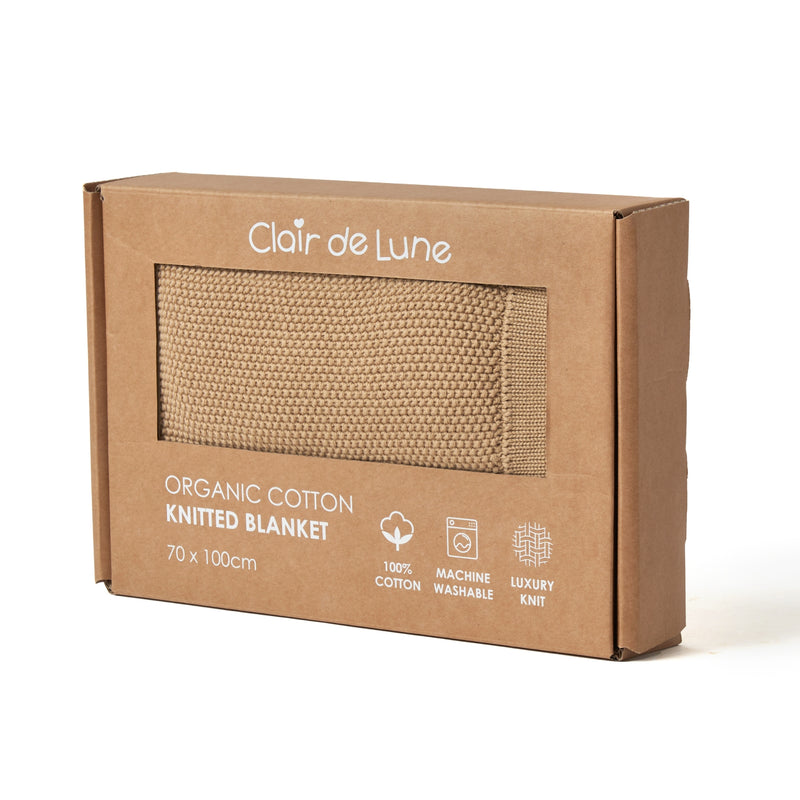 Biscuit brown Organic Knitted Baby Blanket in natural brown giftable box packaging | Cosy Baby Blankets & Swaddles | Nursery Bedding | Newborn Baby Essentials - Clair de Lune UK