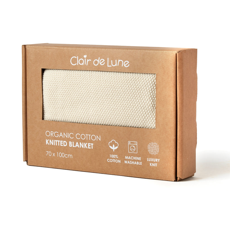 Cream Organic Knitted Baby Blanket in the natural giftable packaging | Cosy Baby Blankets & Swaddles | Nursery Bedding | Newborn Baby Essentials - Clair de Lune UK