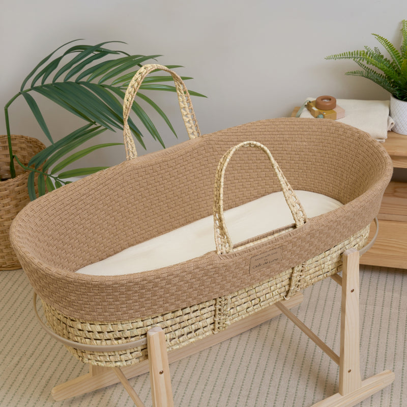 The premium bamboo mattress in the Biscuit Brown Organic Knitted Palm Moses Basket by green plants | Moses Baby Baskets, Bassinets | Organic Baby Essentials | Nursery Furniture - Clair de Lune UK