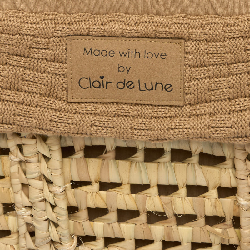 The vegan faux leather Made with Love label on the side of the Biscuit Brown Organic Knitted Palm Moses Basket | Moses Baby Baskets, Bassinets | Organic Baby Essentials | Nursery Furniture - Clair de Lune UK