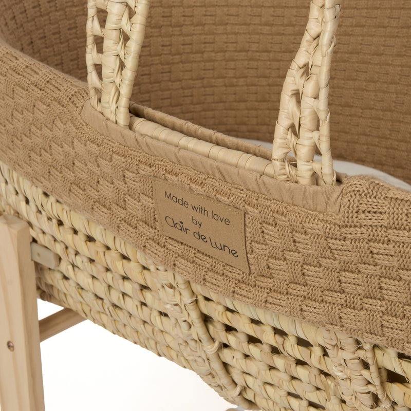 Zoomed in image of the waffle style knit of the Biscuit Brown Organic Knitted Palm Moses Basket  | Moses Baby Baskets, Bassinets | Organic Baby Essentials | Nursery Furniture - Clair de Lune UK