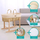 Cream Organic Knitted Palm Moses Basket with natural rocking stand showing the bundle of moses sheets, organic cellular blanket, mattress protector and bamboo mattress | Moses Baby Baskets, Bassinets | Organic Baby Essentials | Nursery Furniture - Clair de Lune UK