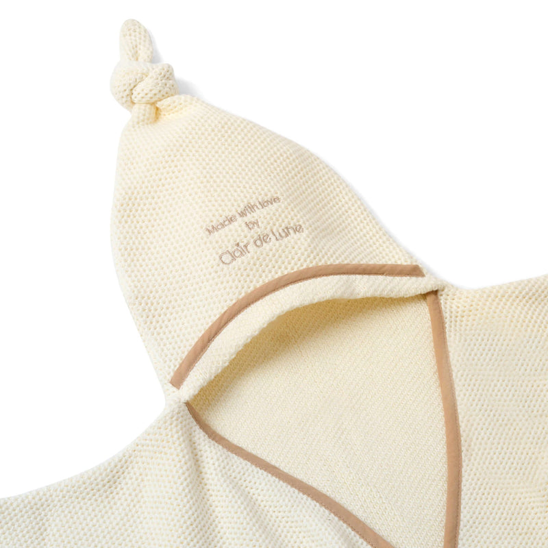 Cream Organic Star Breathable Mesh Baby Wrap Blanket laid out flat on white background with close up of the mesh fabric and knotted integrated hood | Cosy Baby Blankets and Swaddles | Newborn Summer Essentials | Baby Gifts - Clair de Lune UK