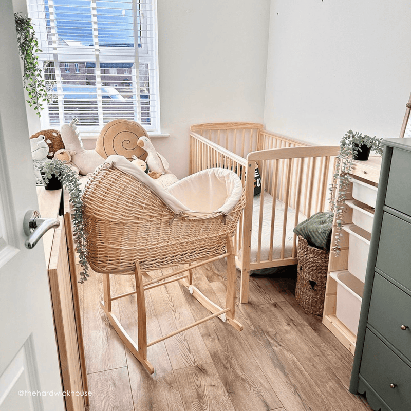 Cream Organic Natural Noah Pod on the Natural Deluxe Rocking Stand in a Safari style baby bedroom | Bassinets | Nursery Furniture - Clair de Lune UK