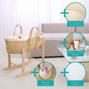 Cream Organic Palm Moses Basket with Rocking Stand and bedding bundle in a beige neutral nursery showing that it comes with Organic Sheets, Organic cellular blanket, bamboo mattress and mattress protector | Moses Baby Baskets, Bassinets | Sustainable Baby Essentials | Nursery Furniture - Clair de Lune UK