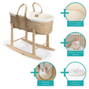 Cream Organic Palm Moses Basket with Stand and Bedding Bundle diagram of everything that you get  | Moses Baby Baskets, Bassinets | Organic Baby Essentials | Nursery Furniture - Clair de Lune UK