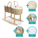 Cream Organic Palm Moses Basket with Stand and Bedding Bundle diagram of everything that you get  | Moses Baby Baskets, Bassinets | Organic Baby Essentials | Nursery Furniture - Clair de Lune UK