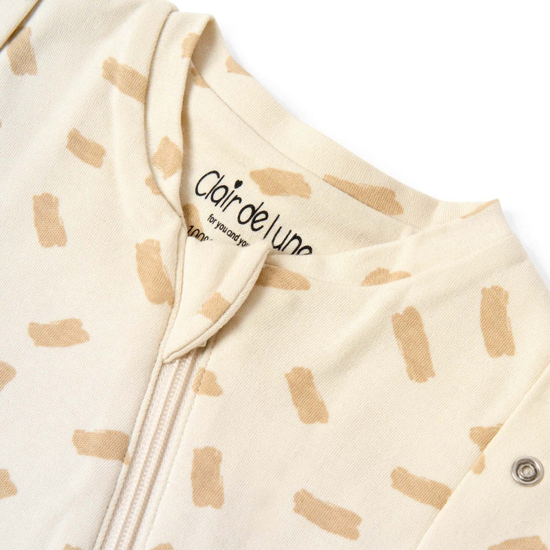 Close up of the zip closure on Little Dreamers Luxury Organic Swaddle Bag with beige pattern on a white background | Baby Swaddle Bag | Newborn Sleeping Bag | Nursery Bedding - Clair de Lune