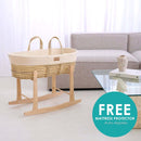 Cream Organic Knitted Palm Moses Basket on natural rocking stand with FREE Mattress Protector while stocks last | Moses Baby Baskets, Bassinets | Organic Baby Essentials | Nursery Furniture - Clair de Lune UK