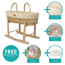 Organic Knitted Palm Moses Basket With Stand and Bedding Bundle in a diagram of full bundle plus free mattress protector while stocks last | Moses Baby Baskets & Bassinets | Nursery Furniture - Clair de Lune UK